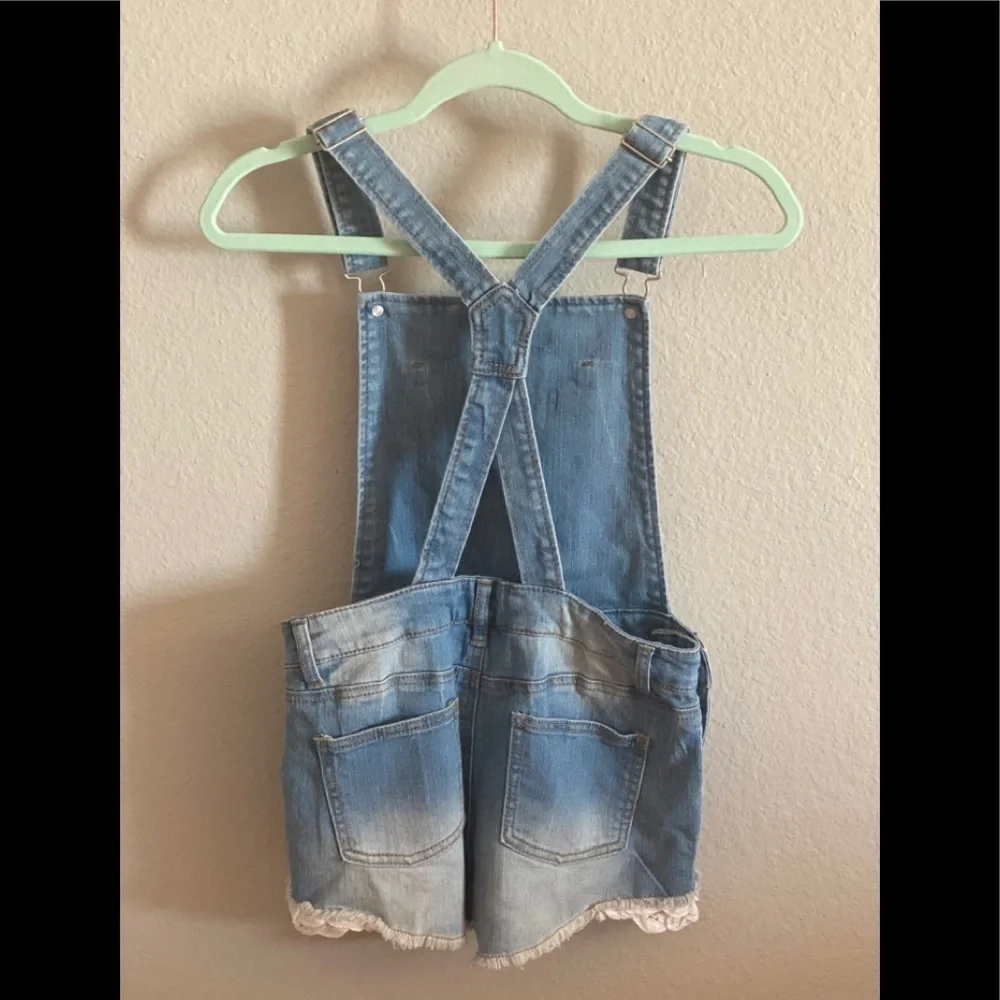 Cherokee Lace Trim Stretch Denim Overall Shorts​​​​​​​​​